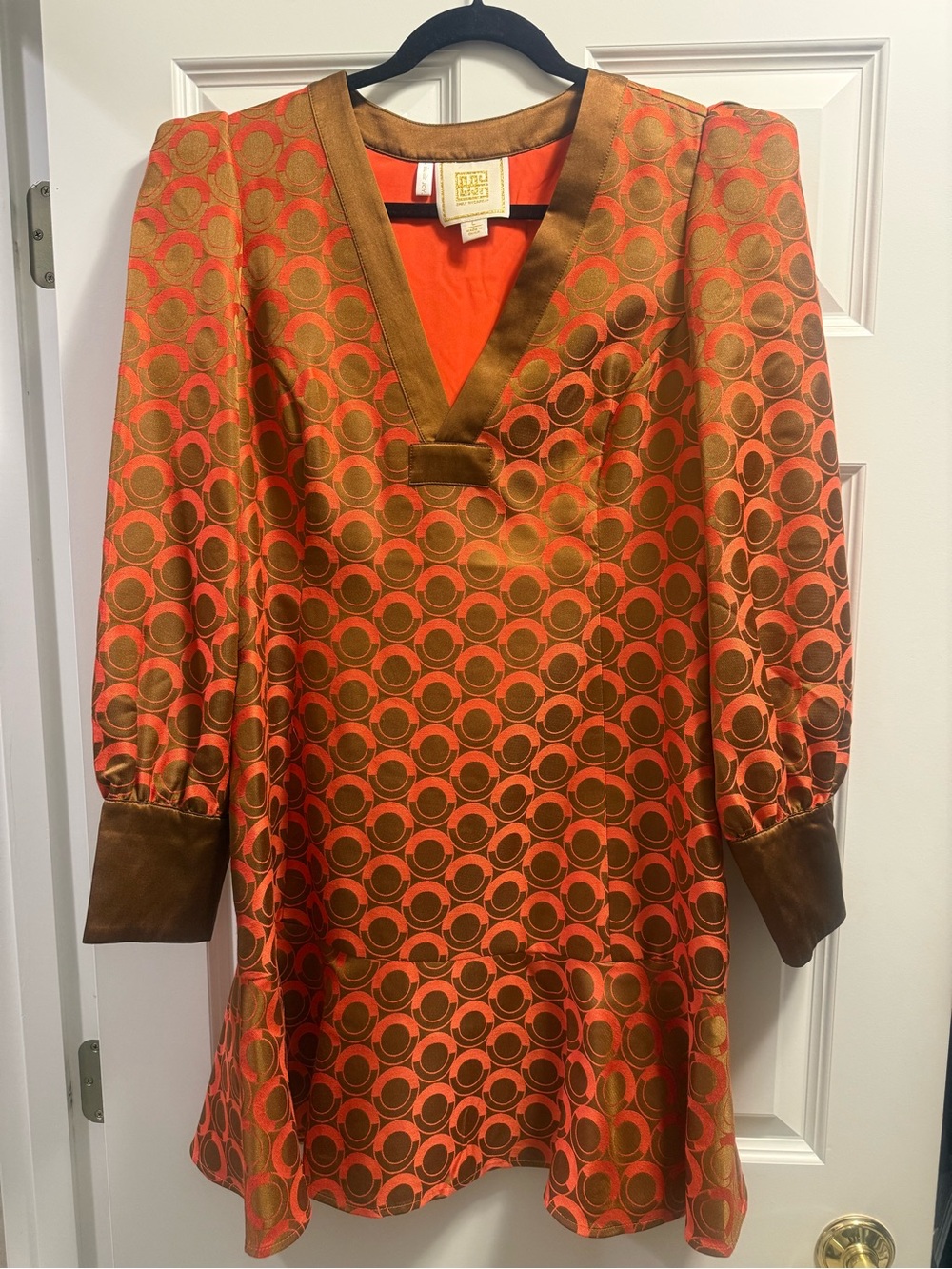 Emily McCarthy Vintage-Inspired Orange and Brown Circle-Print V-Neck Dres